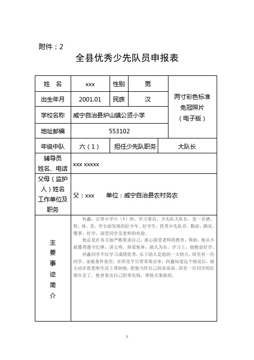 全县优秀少先队员申报表