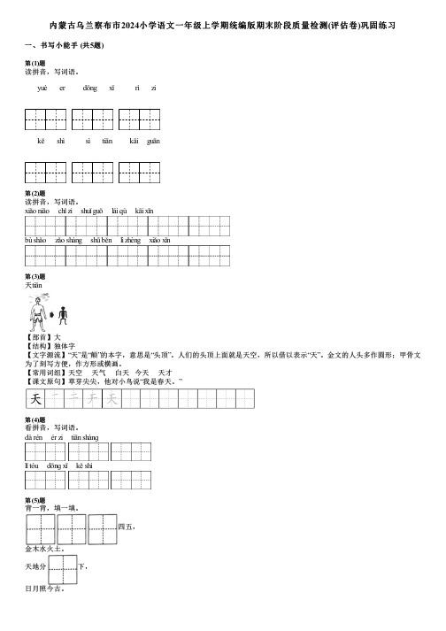 内蒙古乌兰察布市2024小学语文一年级上学期统编版期末阶段质量检测(评估卷)巩固练习