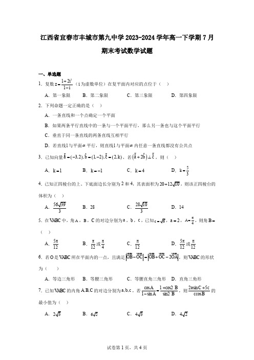 江西省宜春市丰城市第九中学2023-2024学年高一下学期7月期末考试数学试题