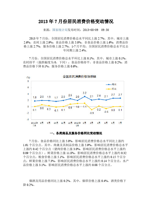 2013年7月份居民消费价格变动情况