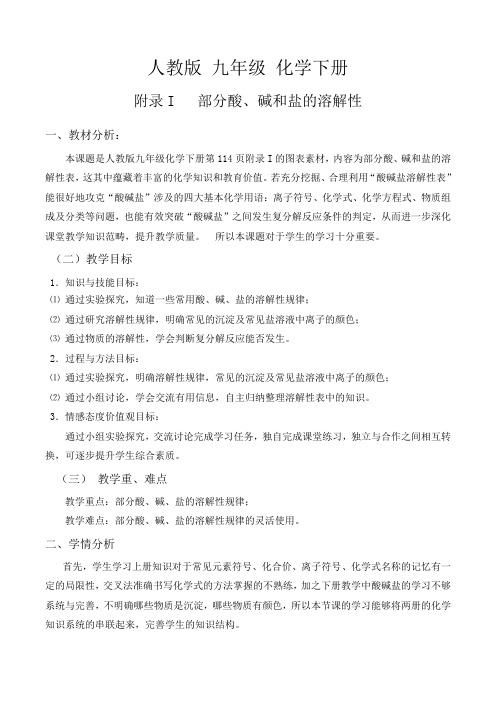 人教版九年级下册初中化学《附录Ⅰ 部分酸、碱和盐的溶解性表(室温)》_0