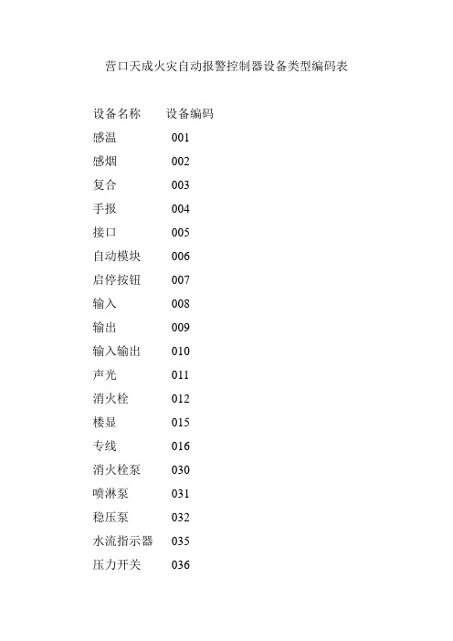 营口天成火灾自动报警控制器设备类型编码表