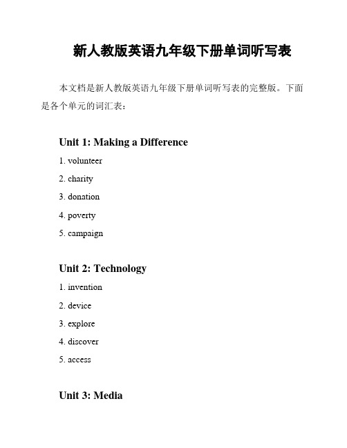 新人教版英语九年级下册单词听写表