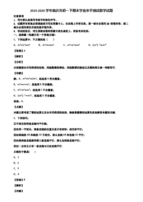 2019-2020学年临沂市初一下期末学业水平测试数学试题含解析