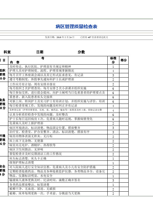 病区管理质量检查表