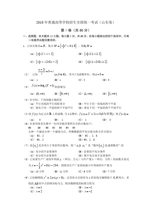 2010年山东高考题文科数学(word修改版)