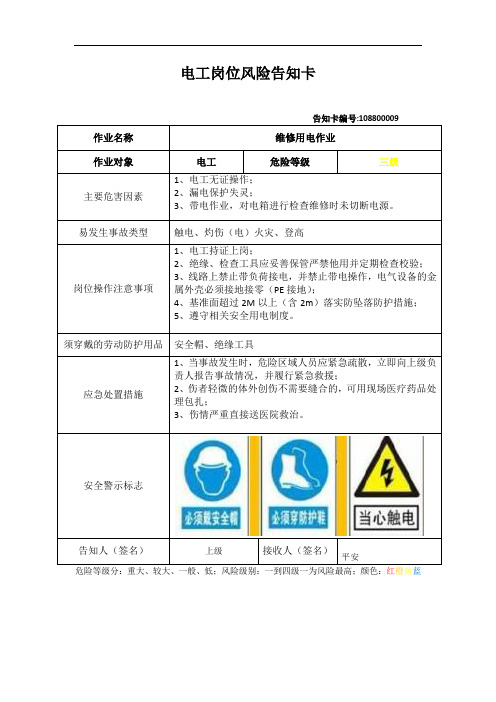 电工岗位风险告知卡     