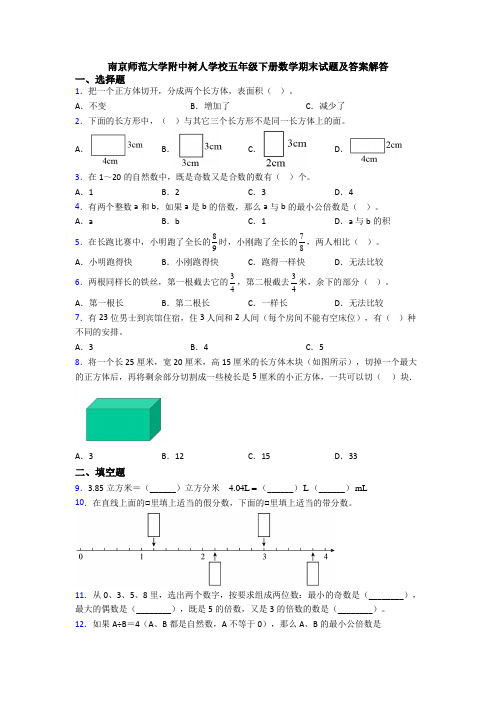 南京师范大学附中树人学校五年级下册数学期末试题及答案解答