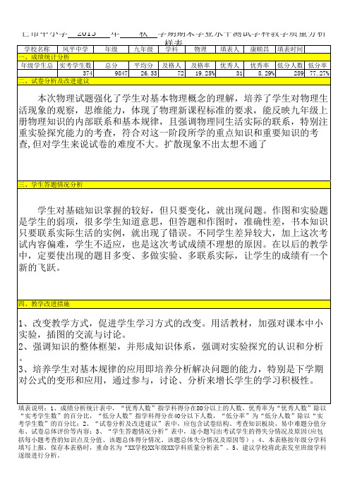 九年级物理学科教学质量分析表