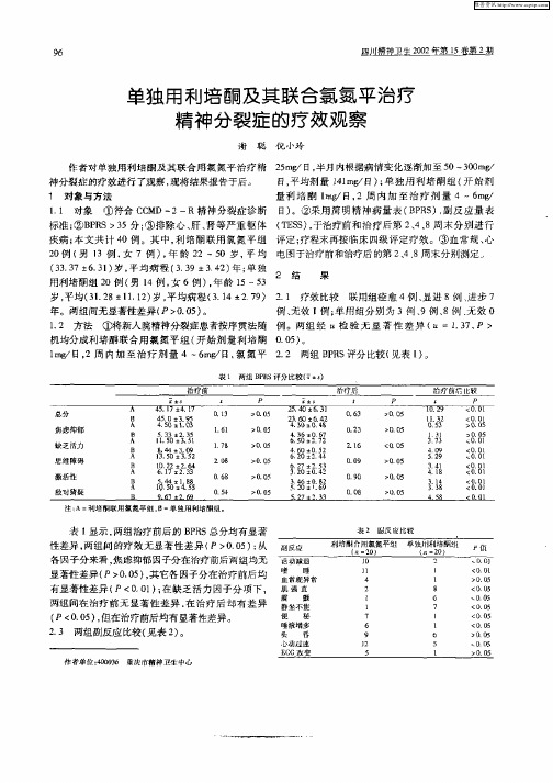 单独用利培酮及其联合氯氮平治疗精神分裂症的疗效观察