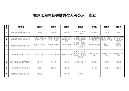 在建工程项目关键岗位人员公示一览表