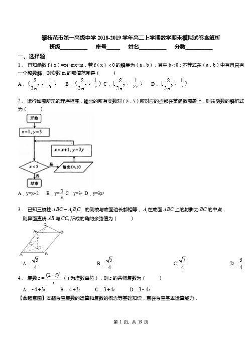 攀枝花市第一高级中学2018-2019学年高二上学期数学期末模拟试卷含解析