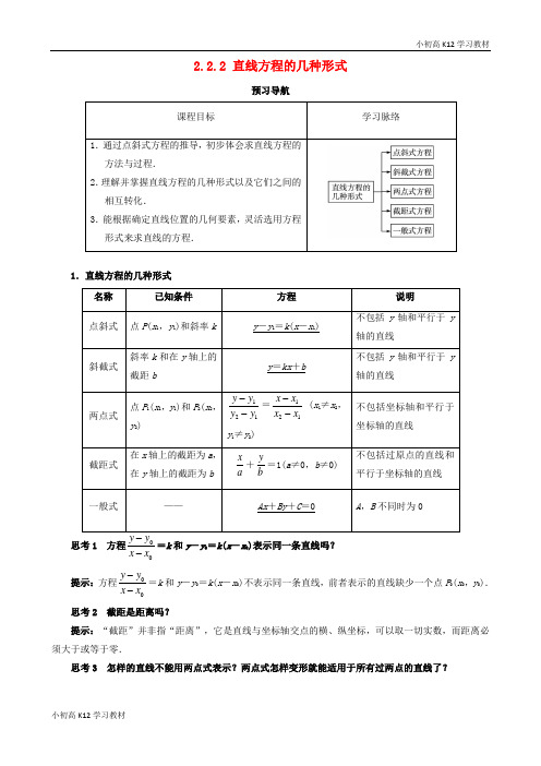 精品推荐高中数学2.2直线的方程2.2.2直线方程的几种形式预习导学案新人教B版必修2