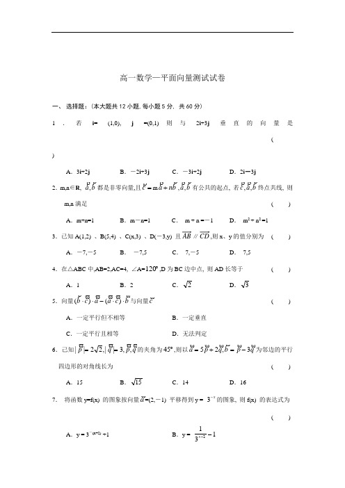 推荐-高一数学平面向量测试 精品