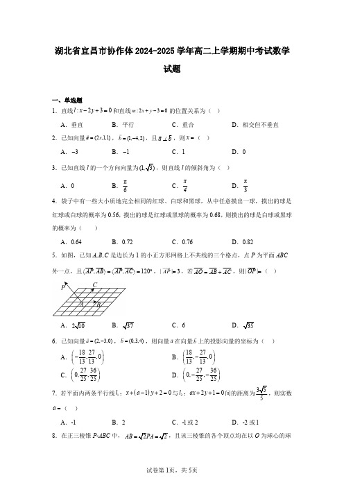 湖北省宜昌市协作体2024-2025学年高二上学期期中考试数学试题