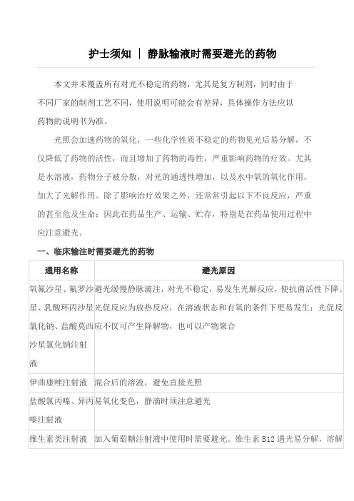 静脉输液时需避光的药物