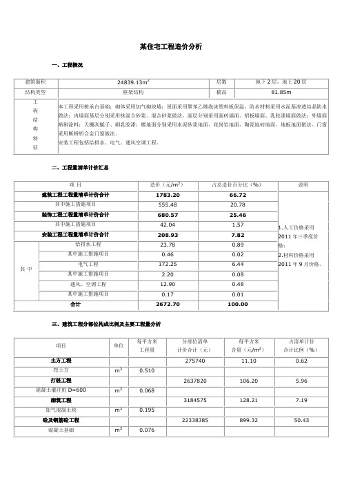 某住宅工程造价分析