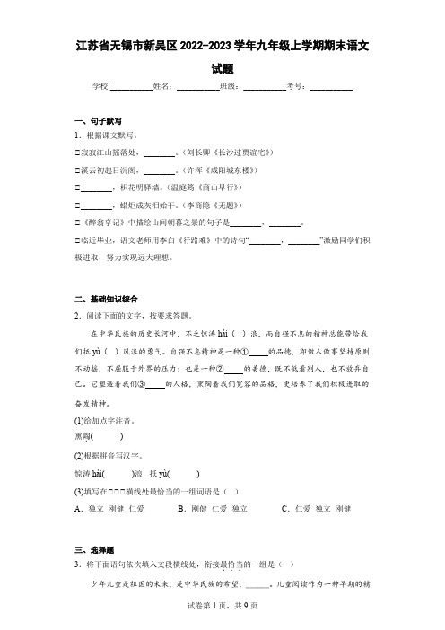 江苏省无锡市新吴区2022-2023学年九年级上学期期末语文试题(含答案)