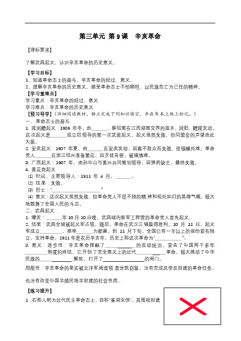 广东省信宜市怀新中学部编版八年级历史上册导学案：第三单元第9课辛亥革命（无答案）