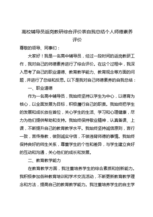 高校辅导员返岗教研综合评价表自我总结个人师德素养评价