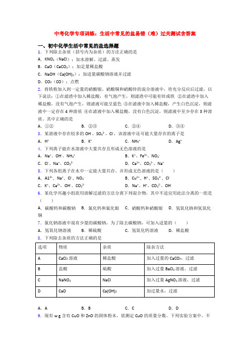 中考化学专项训练：生活中常见的盐易错(难)过关测试含答案