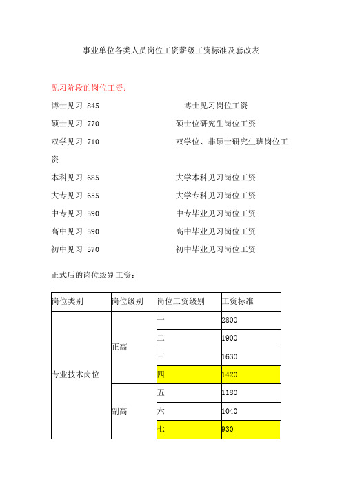 事业单位各类人员岗位工资薪级工资标准及套改表教学