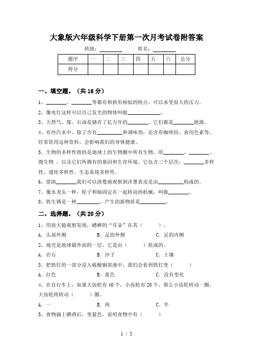 大象版六年级科学下册第一次月考试卷附答案