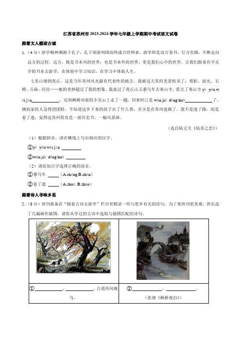 江苏省苏州市2023-2024学年七年级上学期期中考试语文试卷(解析版)