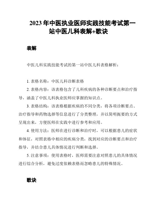 2023年中医执业医师实践技能考试第一站中医儿科表解+歌诀