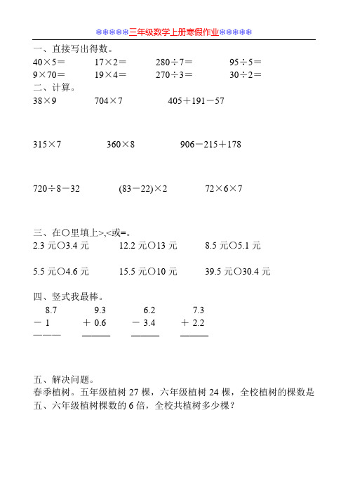 三年级数学上册寒假作业28