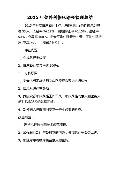 2015年普外科临床路径管理总结