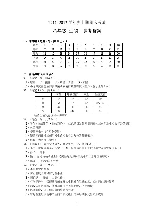 2011~2012学年度上期期末考试