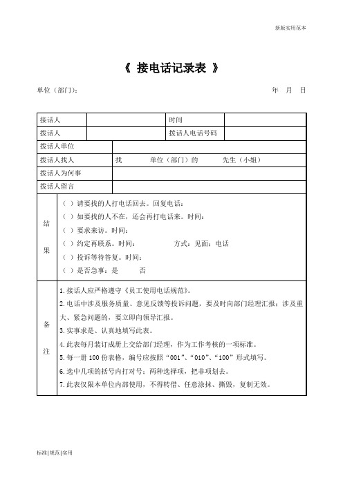 【实用表格模板】服务业《接电话记录表》