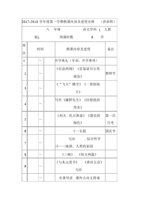 2017-2018学年度人教版八年级第一学期语文教学内容及进度安排