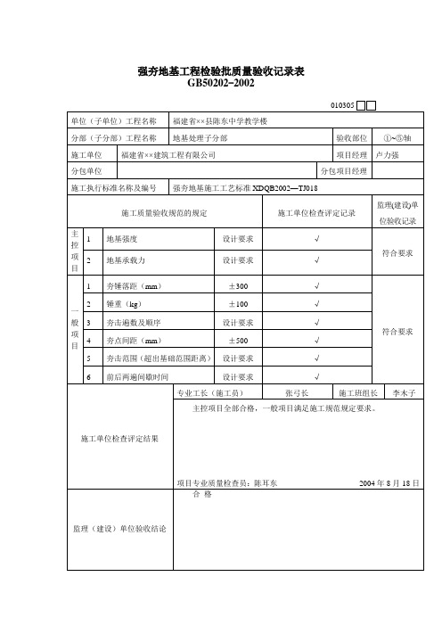 强夯地基工程检验批质量验收记录表