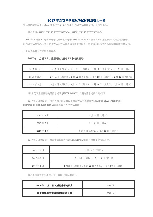 2017年赴英留学雅思考试时间及费用一览