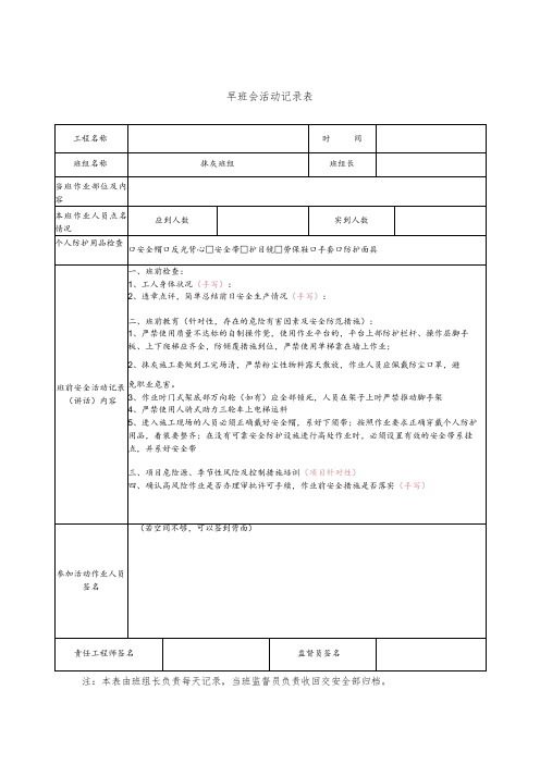 建筑施工抹灰工安全晨会记录