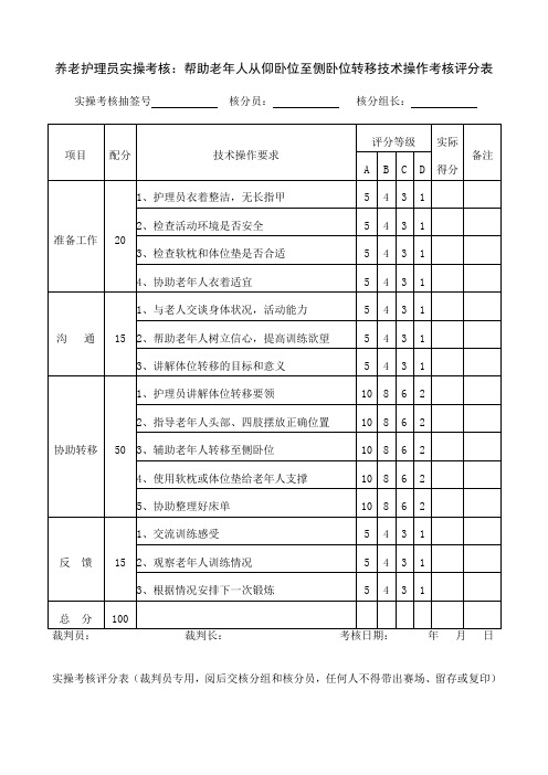 养老护理员实操考核：帮助老年人从仰卧位至侧卧位转移技术操作考核评分表