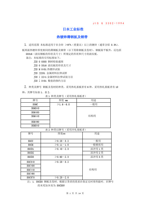 日本工业标准热镀锌薄板JIS G 3302