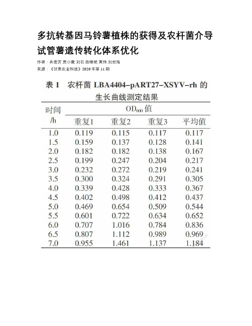 多抗转基因马铃薯植株的获得及农杆菌介导试管薯遗传转化体系优化