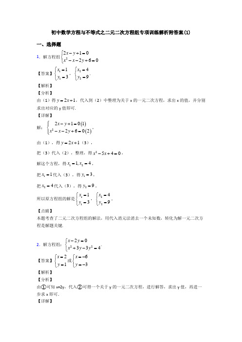 初中数学方程与不等式之二元二次方程组专项训练解析附答案(1)