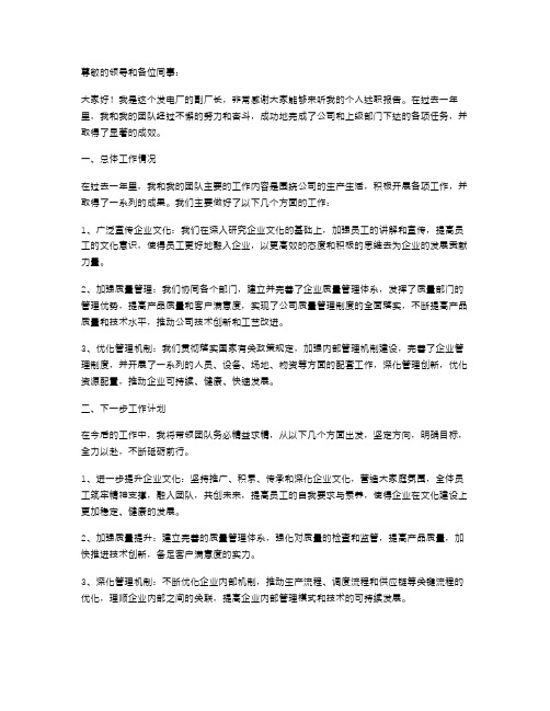 发电厂副厂长个人述职报告