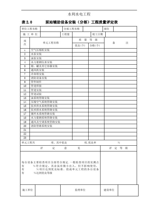 泵站辅助设备安装(分部〕工程质量评定表