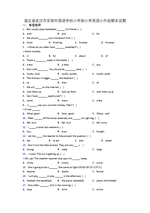 湖北省武汉市实验外国语学校小学部小学英语小升初期末试题