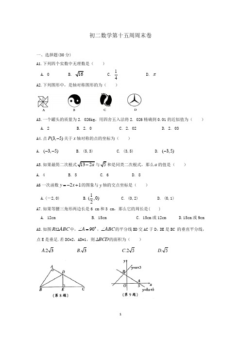 苏教版八年级数学上册第十五周周末作业(含答案)