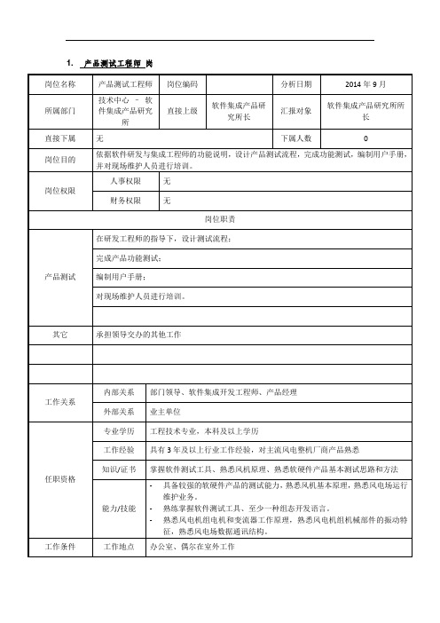 电力风电岗位说明书 - 产品测试工程师