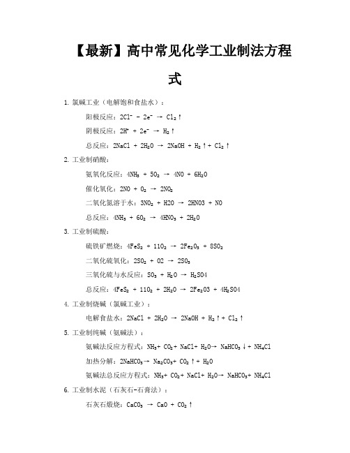 【最新】高中常见化学工业制法方程式