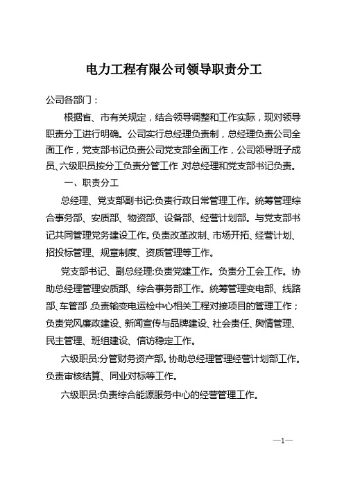 电力工程有限公司领导职责分工