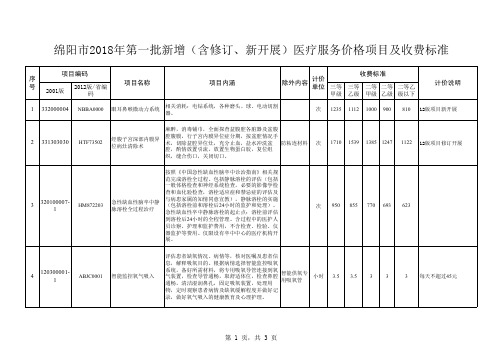 绵阳市2018年第一批新增(含修订、新开展)医疗服务价格