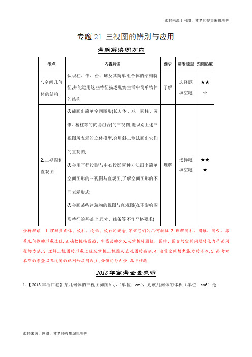 三年高考(2016-2018)数学(文)试题分项版解析——专题21 三视图的辨别与应用(原卷版)